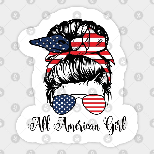 All American Girl 4th Of July Women Messy Bun USA Flag Sticker by sayed20